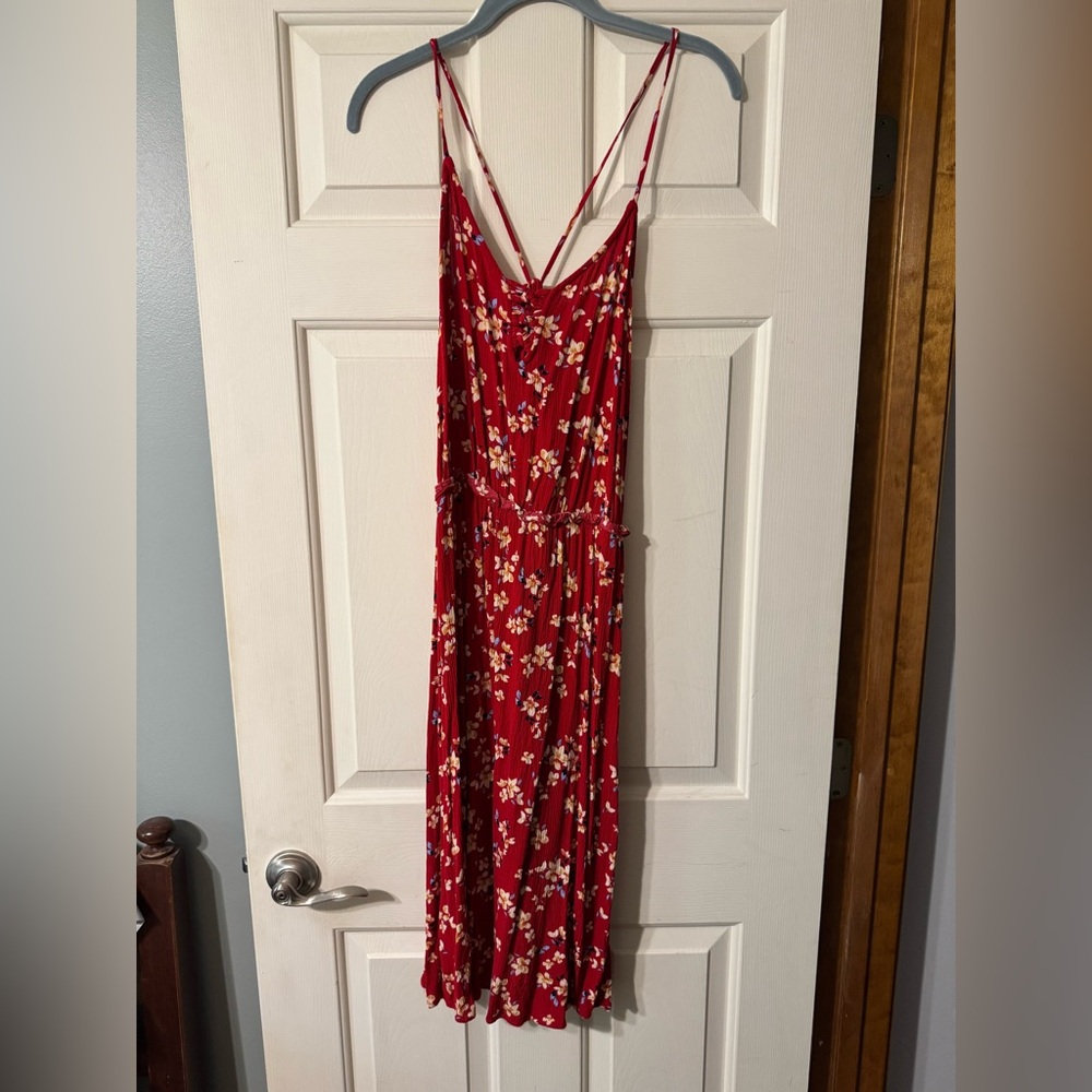 Xhilaration Midi Tank Top Dress | Red Floral | Criss-Cross Back - Picture 2 of 8